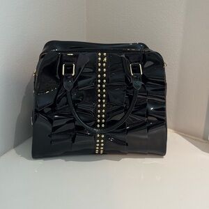 Black Patent Leather Handbag with Gold Studs